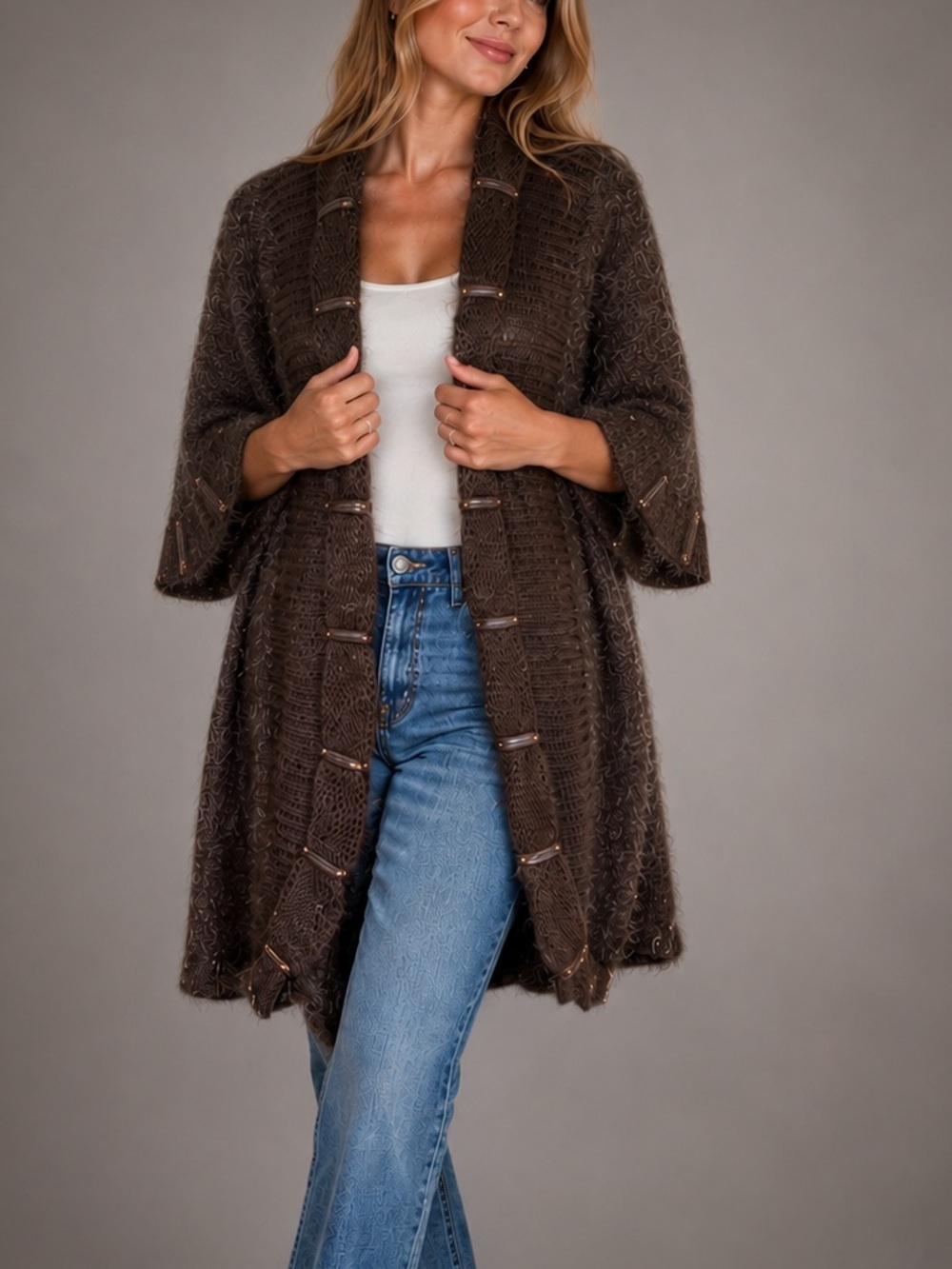 Alberto Makali Brown Knit Eyelash Long Cardigan Sweater Sz Small